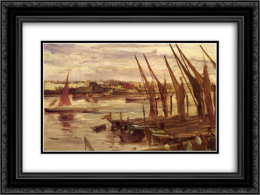 Battersea Reach 24x18 Black Ornate Wood Framed Art Print Poster with Double Matting by Whistler, James McNeill