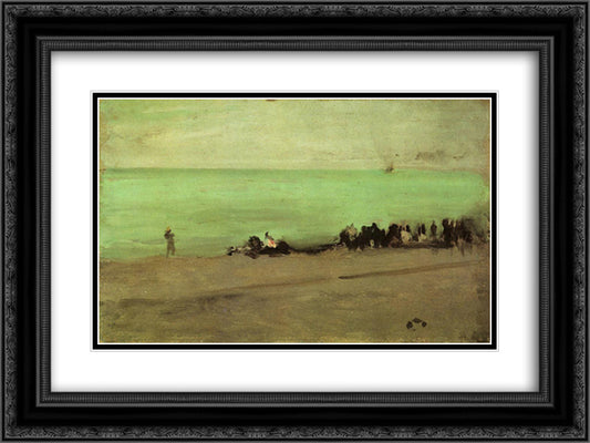 Blue and Silver Boat Entering Pourville 24x18 Black Ornate Wood Framed Art Print Poster with Double Matting by Whistler, James McNeill