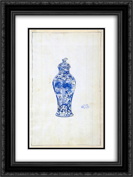 Blue and White Covered Urn 18x24 Black Ornate Wood Framed Art Print Poster with Double Matting by Whistler, James McNeill