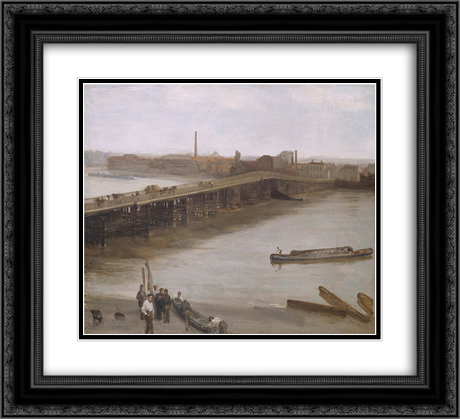 Brown and Silver Old Battersea Bridge 22x20 Black Ornate Wood Framed Art Print Poster with Double Matting by Whistler, James McNeill