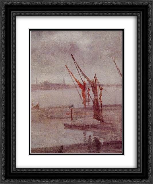 Chelsea Wharf Grey and Silver 20x24 Black Ornate Wood Framed Art Print Poster with Double Matting by Whistler, James McNeill