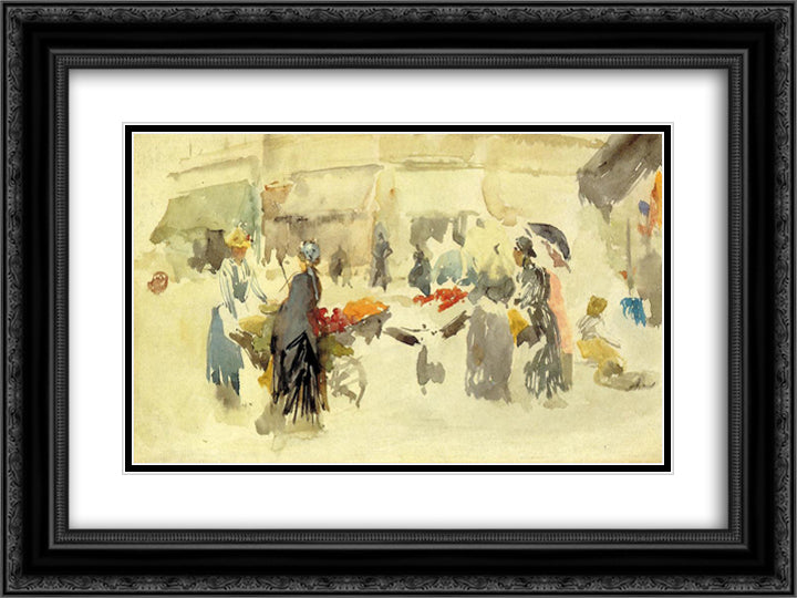 Flower Market 24x18 Black Ornate Wood Framed Art Print Poster with Double Matting by Whistler, James McNeill