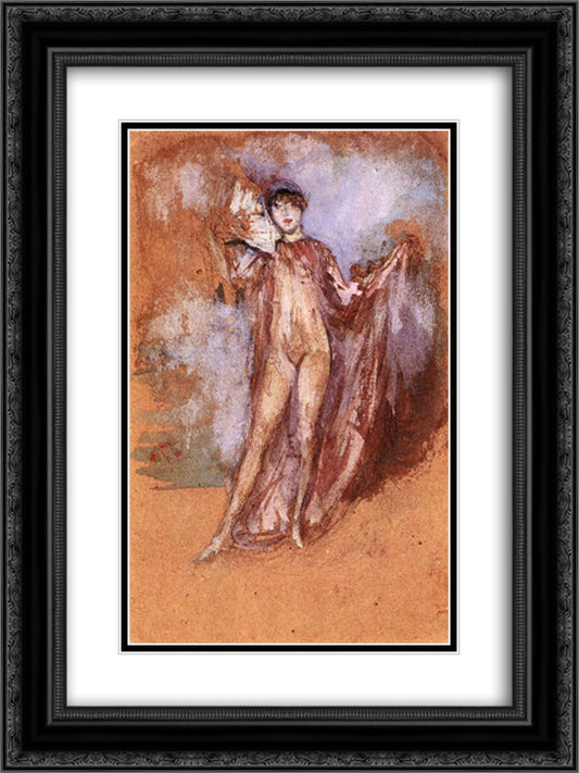 Grey and Pink, a Draped Model with Fan 18x24 Black Ornate Wood Framed Art Print Poster with Double Matting by Whistler, James McNeill