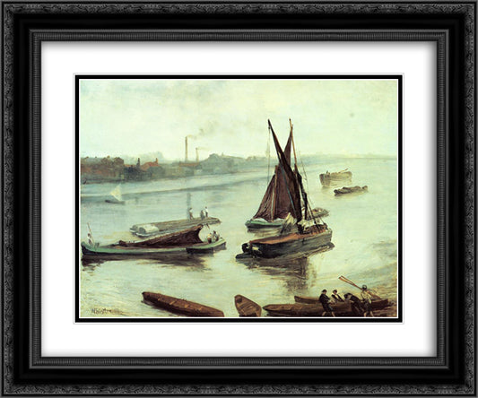 Grey and Silver Old Battersea Reach 24x20 Black Ornate Wood Framed Art Print Poster with Double Matting by Whistler, James McNeill