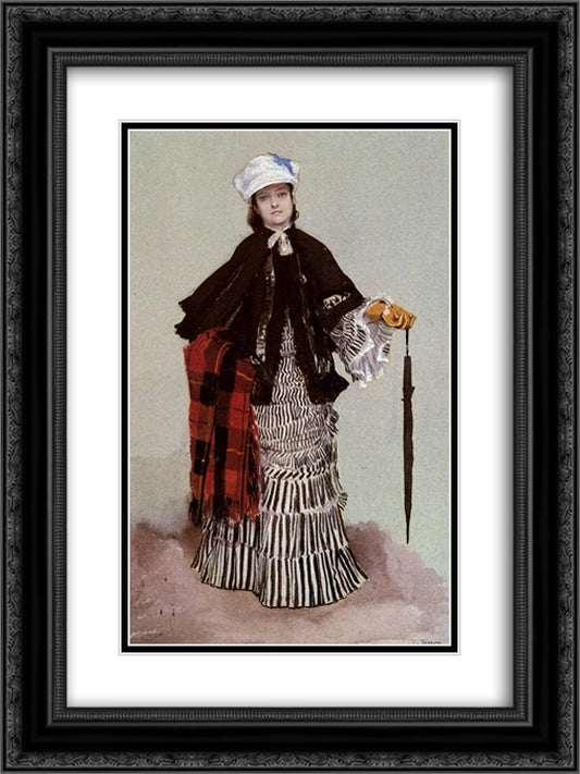A Lady in a black and white Dress 18x24 Black Ornate Wood Framed Art Print Poster with Double Matting by Tissot, James