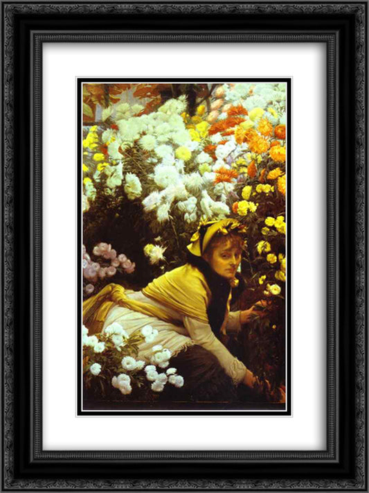 Chrysanthemums 18x24 Black Ornate Wood Framed Art Print Poster with Double Matting by Tissot, James