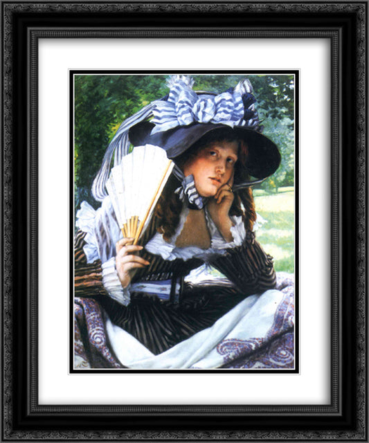 Girl with a fan 20x24 Black Ornate Wood Framed Art Print Poster with Double Matting by Tissot, James