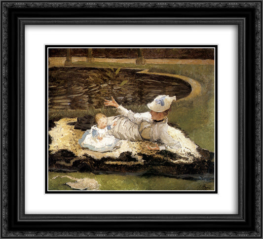 Mrs. Newton with a child by a pool 22x20 Black Ornate Wood Framed Art Print Poster with Double Matting by Tissot, James
