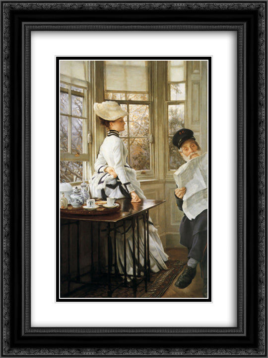 Reading the News 18x24 Black Ornate Wood Framed Art Print Poster with Double Matting by Tissot, James