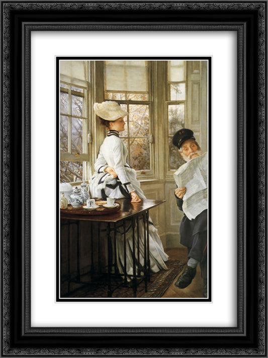 Reading the News 18x24 Black Ornate Wood Framed Art Print Poster with Double Matting by Tissot, James