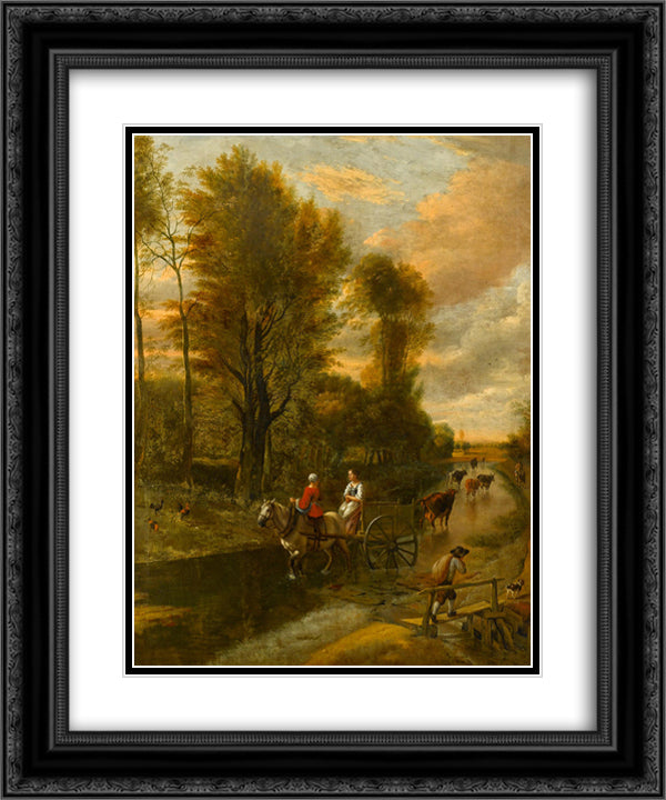 A Horse-Drawn Cart with Two Women Travelling down a Flooded Road at the Edge of a Wood 20x24 Black Ornate Wood Framed Art Print Poster with Double Matting by Siberechts, Jan