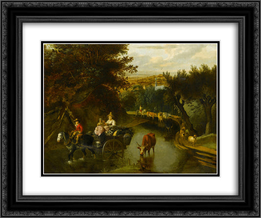 A Wooded Landscape with Peasants in a Horse-Drawn Cart Travelling Down a Flooded Road 24x20 Black Ornate Wood Framed Art Print Poster with Double Matting by Siberechts, Jan