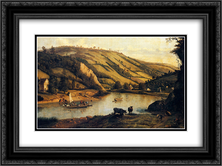 An Extensive River landscape, Probably Derbyshire, With Drovers And Their Cattle In The Foreground 24x18 Black Ornate Wood Framed Art Print Poster with Double Matting by Siberechts, Jan