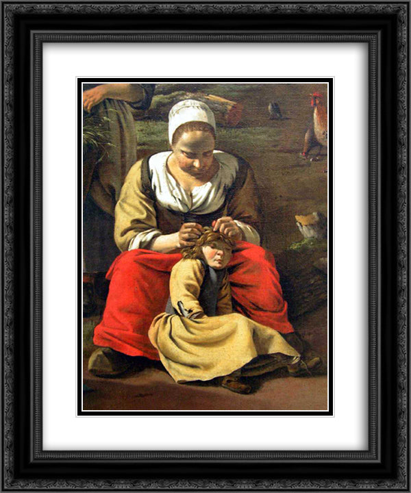 Delousing scene. Detail of a painting by Jan Siberechts, Farmyard 20x24 Black Ornate Wood Framed Art Print Poster with Double Matting by Siberechts, Jan