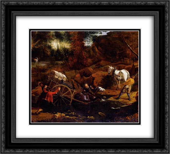 Figures With A Cart And Horses Fording A Stream 22x20 Black Ornate Wood Framed Art Print Poster with Double Matting by Siberechts, Jan