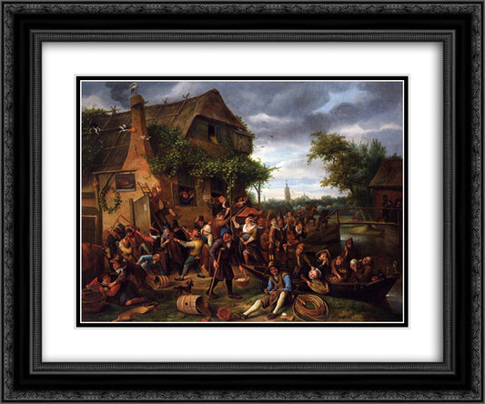 A Village Revel 24x20 Black Ornate Wood Framed Art Print Poster with Double Matting by Steen, Jan