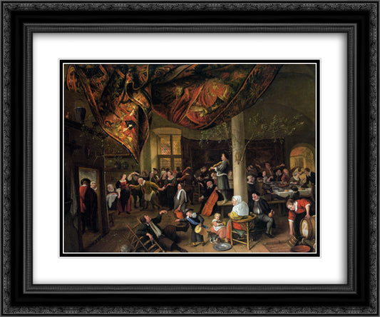 A Village Wedding Feast with Revellers and a dancing Party 24x20 Black Ornate Wood Framed Art Print Poster with Double Matting by Steen, Jan