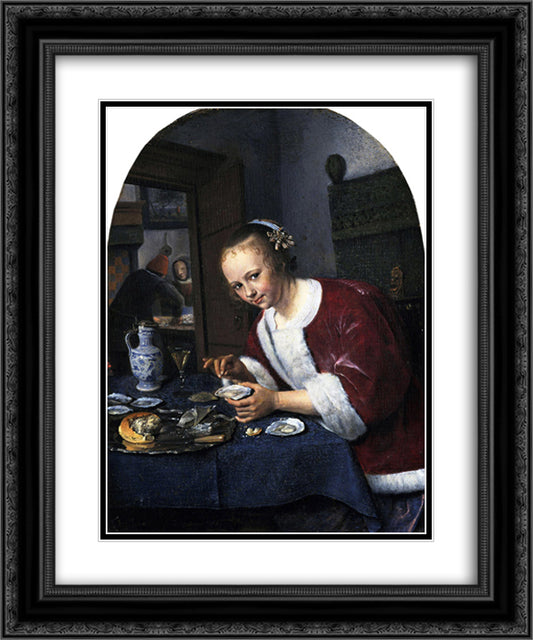 Girl eating oysters 20x24 Black Ornate Wood Framed Art Print Poster with Double Matting by Steen, Jan