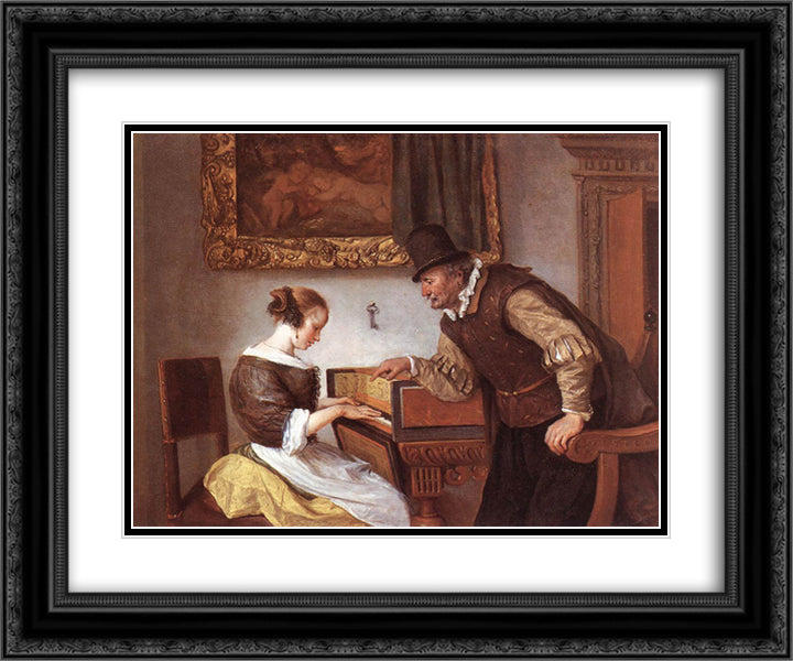 Harpsichord Lesson 24x20 Black Ornate Wood Framed Art Print Poster with Double Matting by Steen, Jan