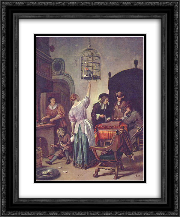 Parrot cage 20x24 Black Ornate Wood Framed Art Print Poster with Double Matting by Steen, Jan