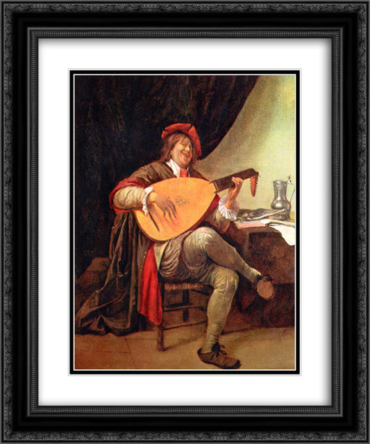 Self-portrait with a lute 20x24 Black Ornate Wood Framed Art Print Poster with Double Matting by Steen, Jan