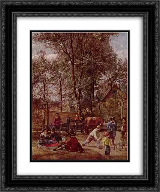 Skittle Players outside an Inn 20x24 Black Ornate Wood Framed Art Print Poster with Double Matting by Steen, Jan