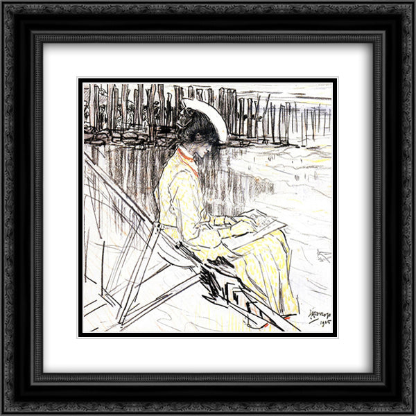 Portrait of Emma Bellwidt on the Beach at Domburg 20x20 Black Ornate Wood Framed Art Print Poster with Double Matting by Toorop, Jan