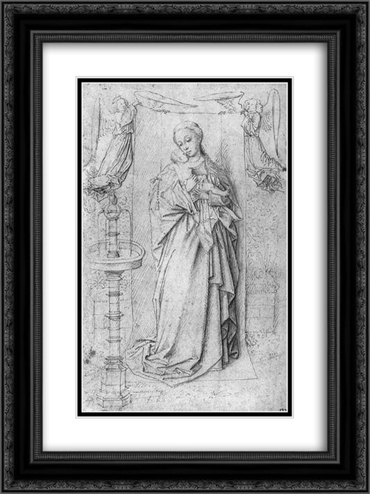 Copy drawing of Madonna by the Fountain 18x24 Black Ornate Wood Framed Art Print Poster with Double Matting by van Eyck, Jan