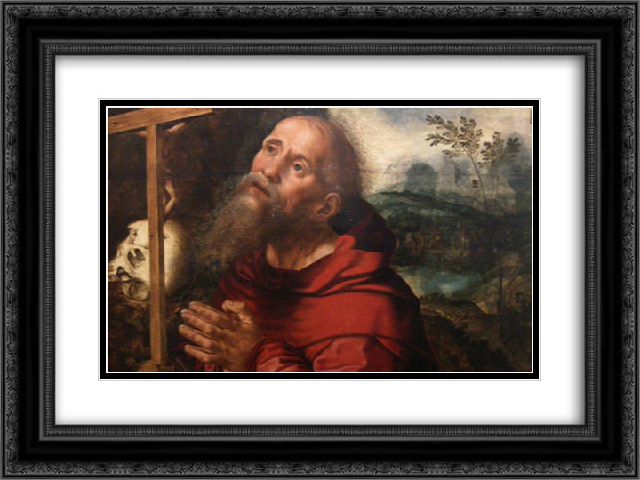 San Girolamo in Preghiera 24x18 Black Ornate Wood Framed Art Print Poster with Double Matting by Hemessen, Jan van