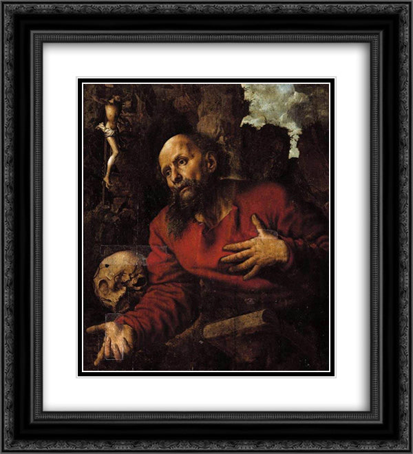 St. Jerome praying before a rocky grotto 20x22 Black Ornate Wood Framed Art Print Poster with Double Matting by Hemessen, Jan van