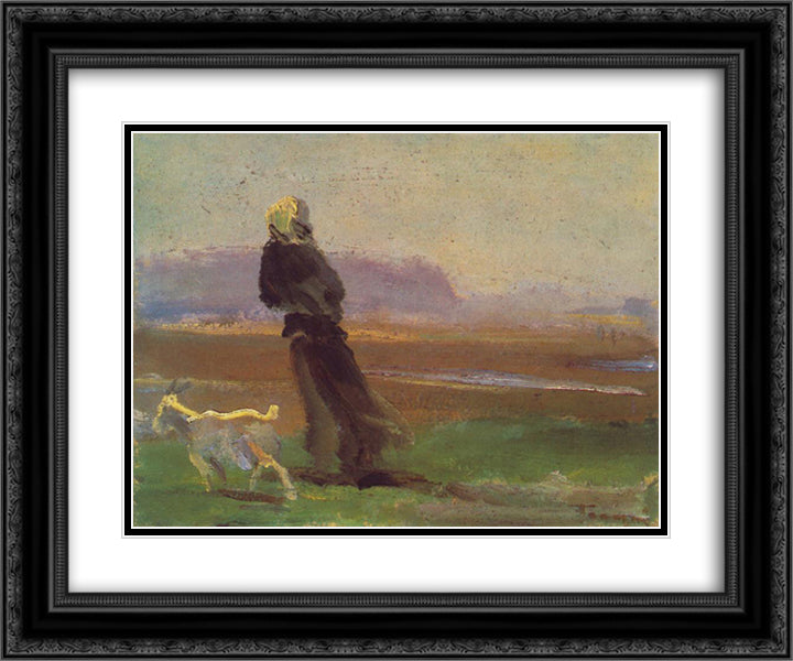 Woman With Goat 24x20 Black Ornate Wood Framed Art Print Poster with Double Matting by Tornyai, Janos