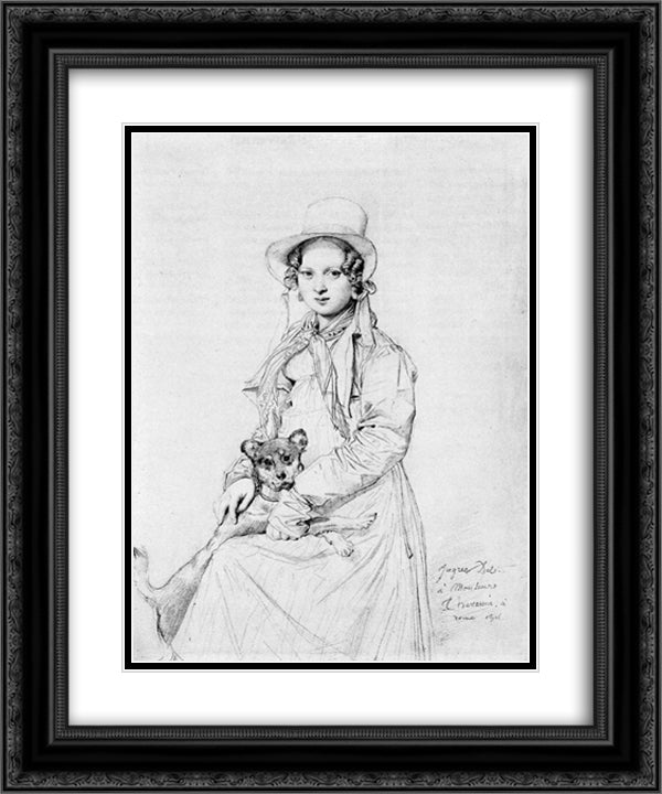 Mademoiselle Henriette Ursule Claire, maybe Thevenin, and her dog Trim 20x24 Black Ornate Wood Framed Art Print Poster with Double Matting by Ingres, Jean Auguste Dominique