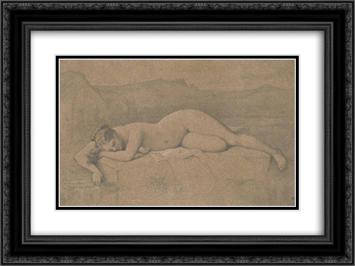 Naked woman lying on a rock 24x18 Black Ornate Wood Framed Art Print Poster with Double Matting by Ingres, Jean Auguste Dominique