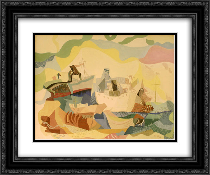 Boats of Jewish Immigrants (Hamaapilim) 24x20 Black Ornate Wood Framed Art Print Poster with Double Matting by Jean David