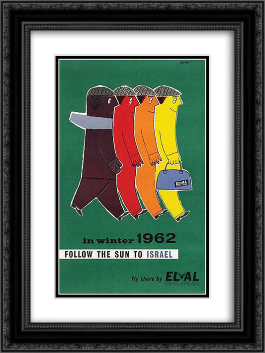 Follow the Sun to Israel (El Al Poster) 18x24 Black Ornate Wood Framed Art Print Poster with Double Matting by Jean David