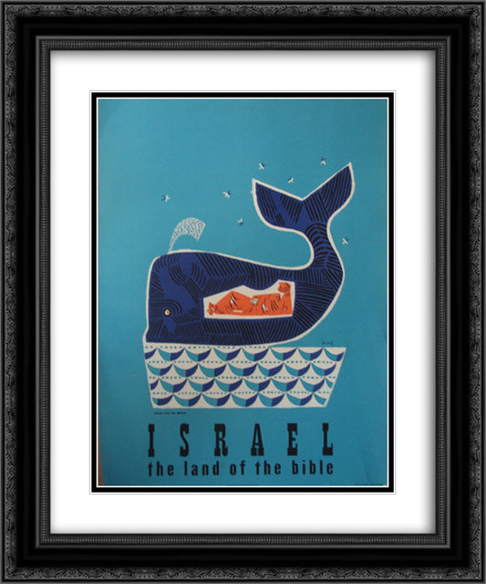 Jonah and the Whale (Israel Travel Poster) 20x24 Black Ornate Wood Framed Art Print Poster with Double Matting by Jean David