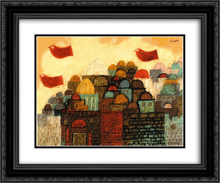 Peace Dove Over Jerusalem 24x20 Black Ornate Wood Framed Art Print Poster with Double Matting by Jean David