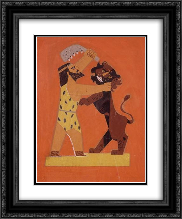 Shimshon and the lion 20x24 Black Ornate Wood Framed Art Print Poster with Double Matting by Jean David