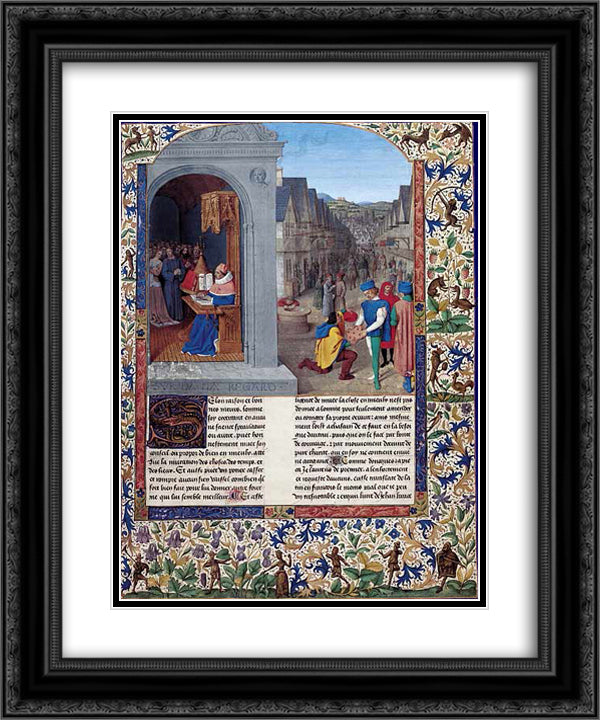 Boccaccio's De Casibus writing. A courier delivering Luvrs to Mainardo dei Cavalcanti Boccaccio 20x24 Black Ornate Wood Framed Art Print Poster with Double Matting by Fouquet, Jean