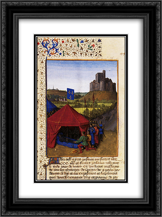The Death of Bertrand du Geusclin (c.1320-80) at Chateauneuf-de-Randon 18x24 Black Ornate Wood Framed Art Print Poster with Double Matting by Fouquet, Jean