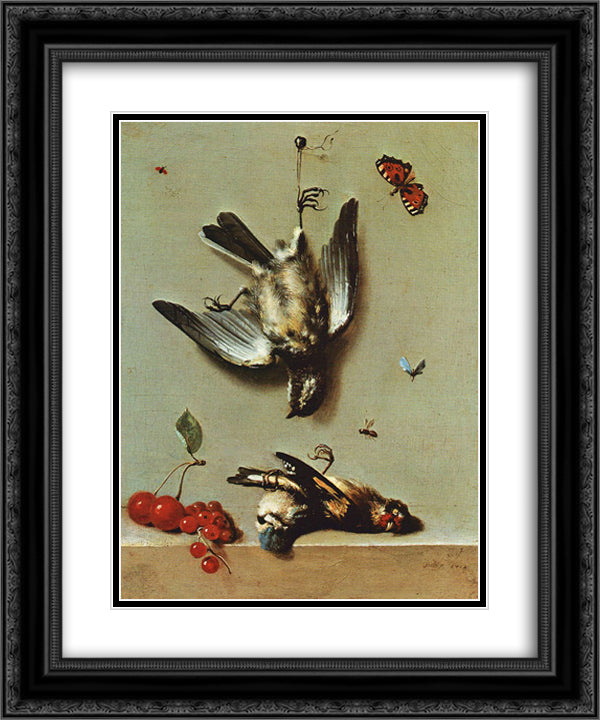 Nature morte avec oiseux morts et cerises 20x24 Black Ornate Wood Framed Art Print Poster with Double Matting by Oudry, Jean Baptiste