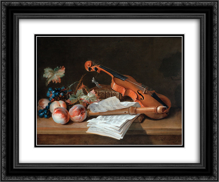 Still Life with a Violin, a Recorder, Books, a Portfolio of Sheet of Music, Peaches and Grapes on a Table Top 24x20 Black Ornate Wood Framed Art Print Poster with Double Matting by Oudry, Jean Baptiste
