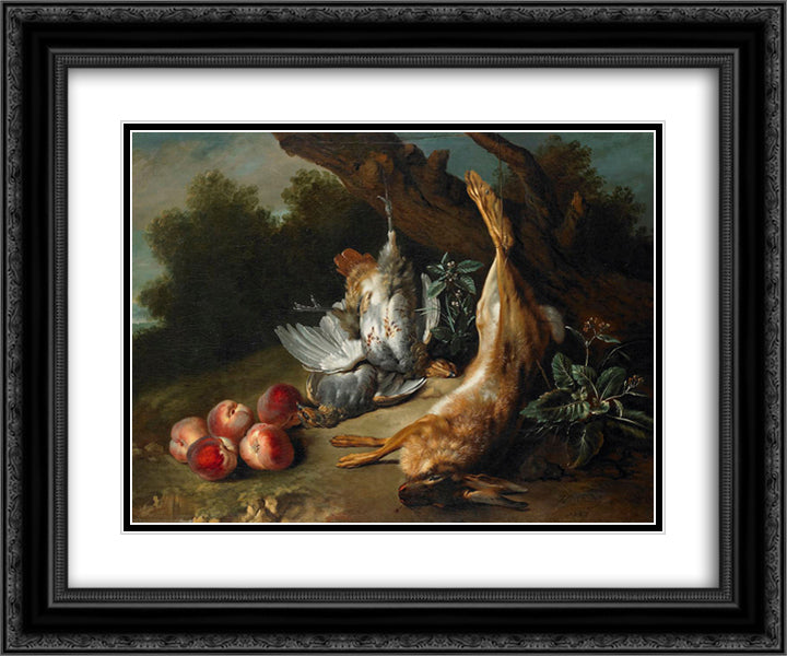 Still Life with Dead Game and Peaches in a Landscape 24x20 Black Ornate Wood Framed Art Print Poster with Double Matting by Oudry, Jean Baptiste