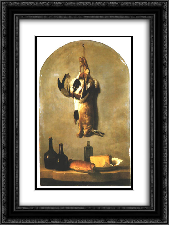 Still Life with Hare, Duck, Loaf of Bread, Cheese and Flasks of Wine 18x24 Black Ornate Wood Framed Art Print Poster with Double Matting by Oudry, Jean Baptiste