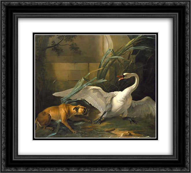 Swan Attacked by a Dog 22x20 Black Ornate Wood Framed Art Print Poster with Double Matting by Oudry, Jean Baptiste