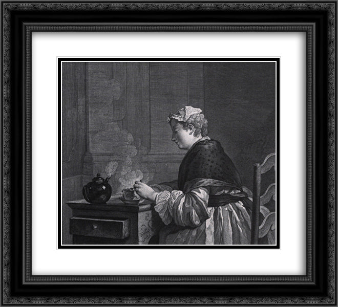 A lady who takes tea 22x20 Black Ornate Wood Framed Art Print Poster with Double Matting by Chardin, Jean Baptiste Simeon