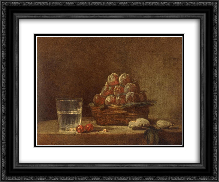 Basket of Plums 24x20 Black Ornate Wood Framed Art Print Poster with Double Matting by Chardin, Jean Baptiste Simeon