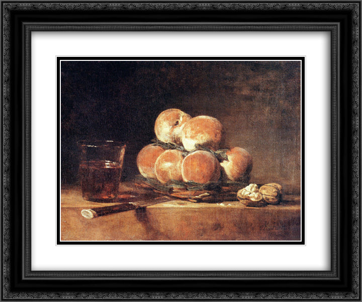 Basket of Peaches 24x20 Black Ornate Wood Framed Art Print Poster with Double Matting by Chardin, Jean Baptiste Simeon