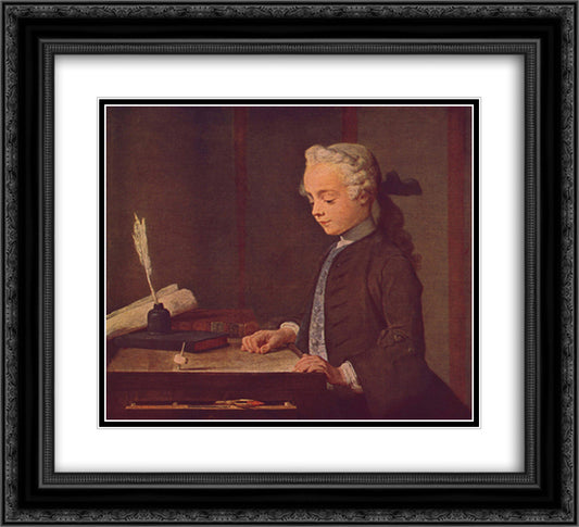 Boy with a Top 22x20 Black Ornate Wood Framed Art Print Poster with Double Matting by Chardin, Jean Baptiste Simeon