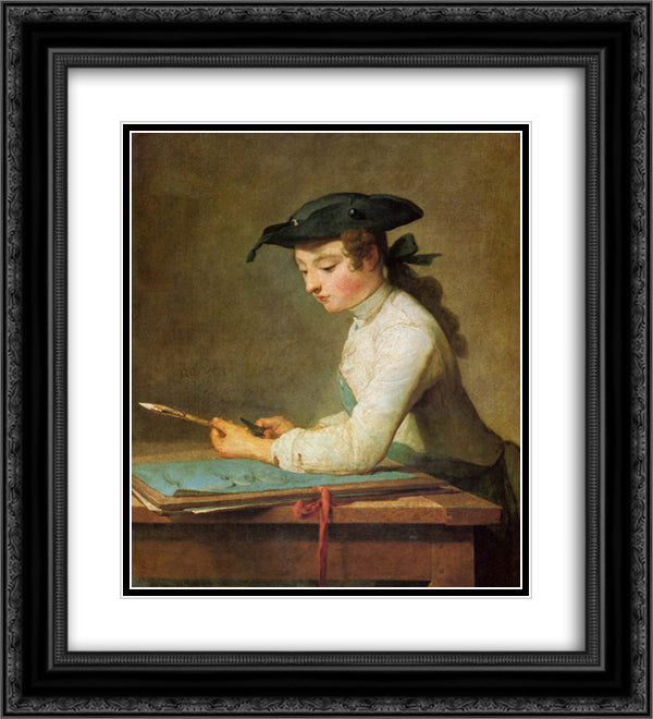 Draughtsman 20x22 Black Ornate Wood Framed Art Print Poster with Double Matting by Chardin, Jean Baptiste Simeon